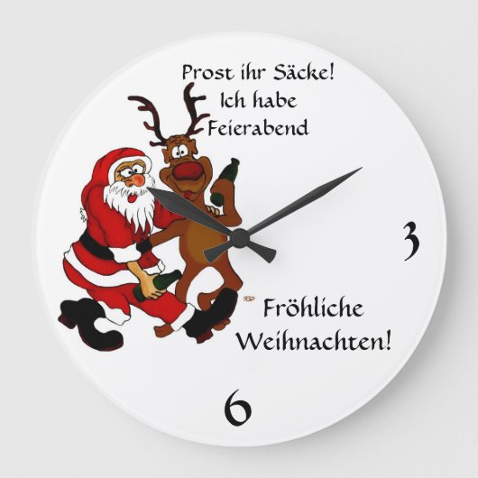 Weihnachtsmann mit Elch - Prost ihr Saycke! ラージ壁時計 (正面)
