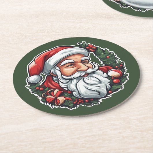 Weihnachtsmannkopf mit Kranz - ラウンドペーパーコースター (アングル)
