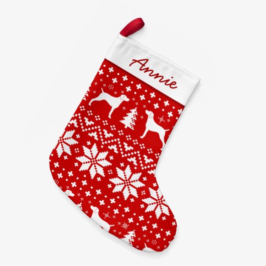 Weimaraner犬は赤と白パターンのシルエットを描きます スモールクリスマスストッキング (正面 (吊り時))