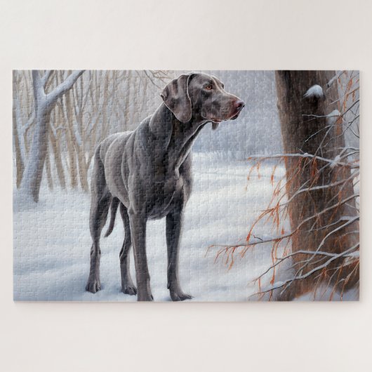 Weimaraner 雪が降るクリスマス ジグソーパズル (横)