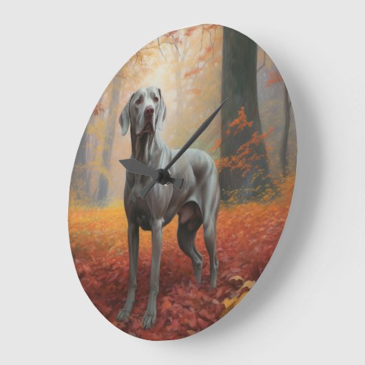 Weimaraner+Autumn+Leaves+Fall+Inspire ラージ壁時計 (傾斜)