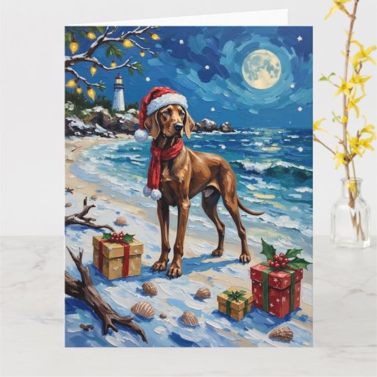 Weimaraner Christmas Beach Holiday カード (黄色い花)