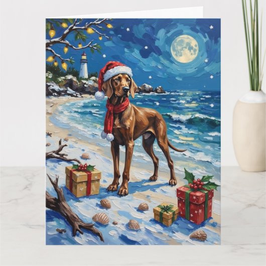 Weimaraner Christmas Beach Holiday カード (正面)