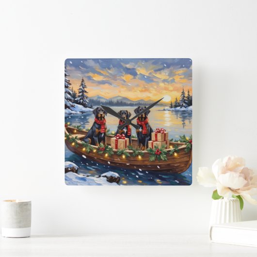 Weimaraner Christmas Boat Holiday スクエア壁時計 (ホーム)