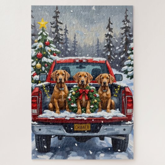 Weimaraner Christmas Red Truck Holiday ジグソーパズル (縦)