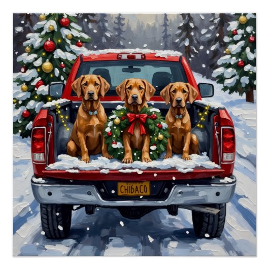Weimaraner Christmas Red Truck Holiday ポスター (正面)