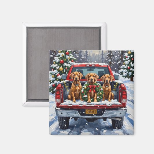 Weimaraner Christmas Red Truck Holiday マグネット (正面/裏面)