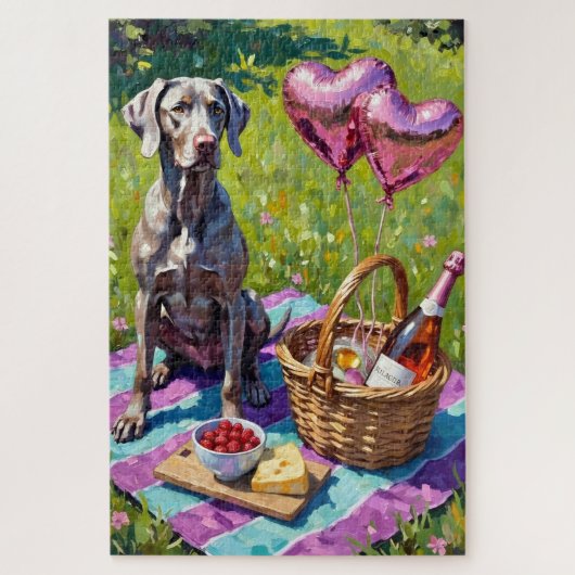 Weimaraner Dog Valentine's Day Rosé Picnic ジグソーパズル (縦)