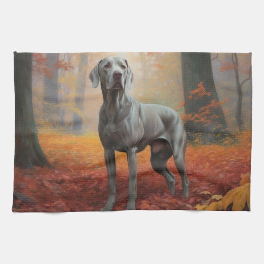 Weimaraner in Autumn Leaves Fall Inspire キッチンタオル (横)