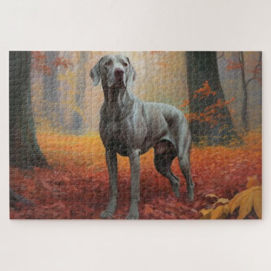 Weimaraner in Autumn Leaves Fall Inspire  ジグソーパズル (横)