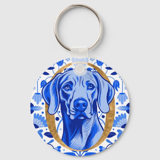 Weimaraner peering thru the letter "O" in Gold キーホルダー (正面)