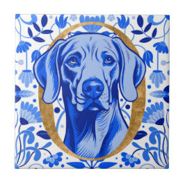 Weimaraner peering thru the letter "O" in Gold タイル