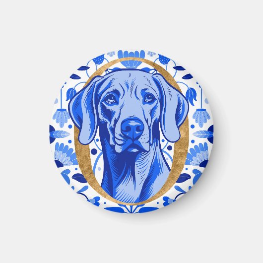 Weimaraner peering thru the letter "O" in Gold マグネット (正面)