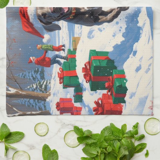 Weimaraner Running in Snow with Christmas Hat キッチンタオル (折り畳み)