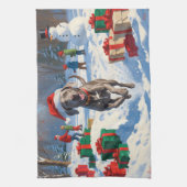 Weimaraner Running in Snow with Christmas Hat キッチンタオル (縦)