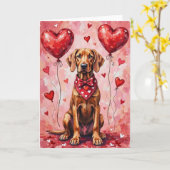 Weimaraner Valentine Dog Sitting with Hearts Red カード (黄色い花)