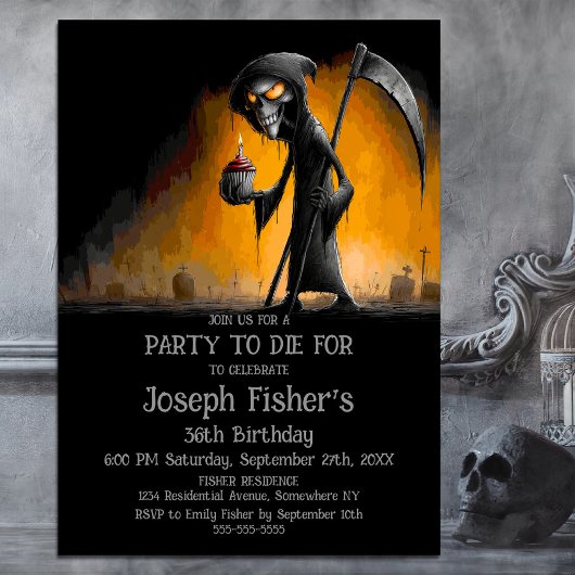 Weird Grim Reaper with Cupcake Birthday Party 招待状