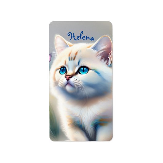 weiße Katze mit blauen Augen Wasserfarbenbild ラベル (正面)