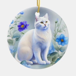 Weiße Katze mit blauen Blumen, Aquarell-Malerei セラミックオーナメント