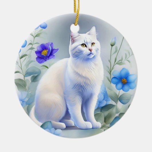 Weiße Katze mit blauen Blumen, Aquarell-Malerei セラミックオーナメント (正面)
