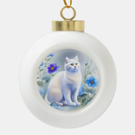 Weiße Katze mit blauen Blumen, Aquarell-Malerei セラミックボールオーナメント