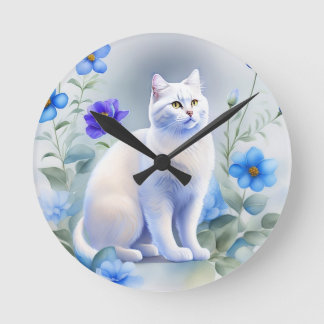 Weiße Katze mit blauen Blumen, Aquarell-Malerei ラウンド壁時計