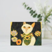 Weiße Katze mit Blumen. Jugendstil gemalt. ポストカード (スタンド正面)
