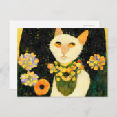 Weiße Katze mit Blumen. Jugendstil gemalt. ポストカード (正面/裏面)