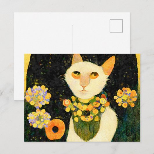 Weiße Katze mit Blumen. Jugendstil gemalt. ポストカード (正面/裏面)