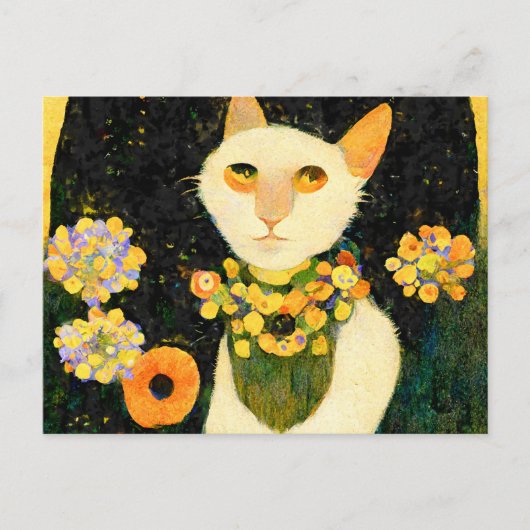 Weiße Katze mit Blumen. Jugendstil gemalt. ポストカード (正面)