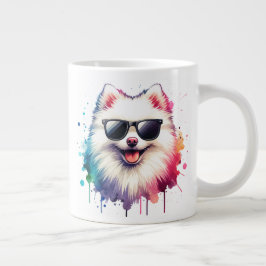 Weißer kleiner Spitz Hund mit Sonnenbrille ジャンボコーヒーマグカップ