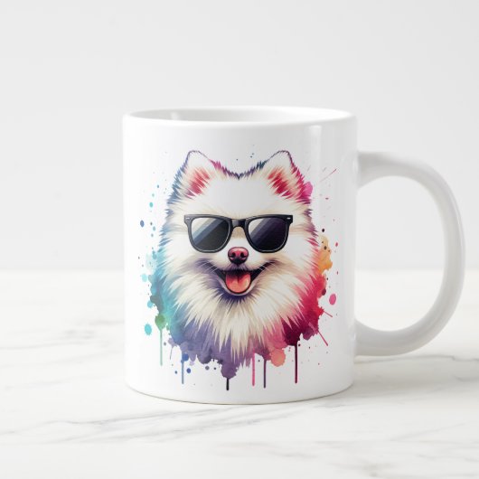 Weißer kleiner Spitz Hund mit Sonnenbrille ジャンボコーヒーマグカップ (右)