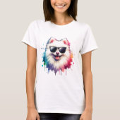Weißer kleiner Spitz Hund mit Sonnenbrille Tシャツ (正面)