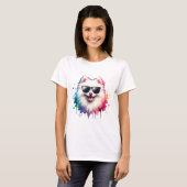 Weißer kleiner Spitz Hund mit Sonnenbrille Tシャツ (正面フル)