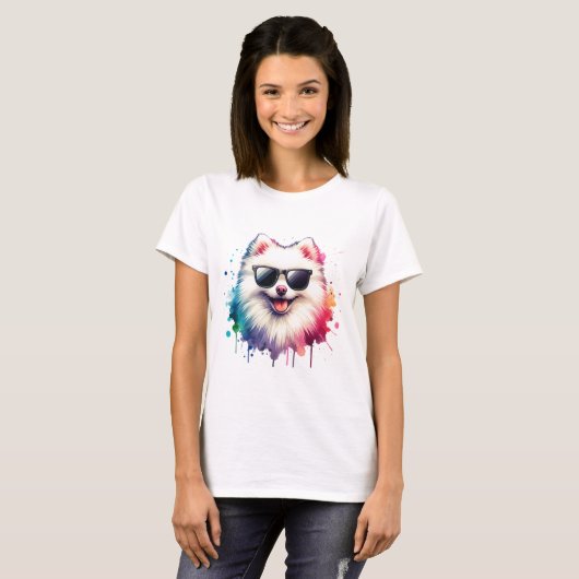 Weißer kleiner Spitz Hund mit Sonnenbrille Tシャツ (正面フル)