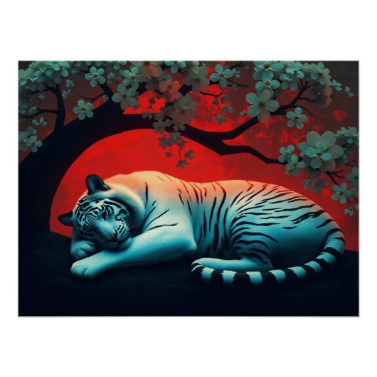 Weißer Tiger unter blühendem Baum ポスター (正面)