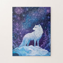 Weißer Wolf Winter unter magischem Sternenhimmel ジグソーパズル