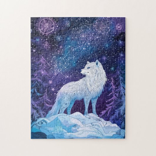 Weißer Wolf Winter unter magischem Sternenhimmel ジグソーパズル (縦)