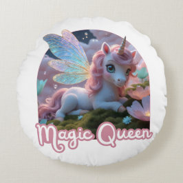 Weißes Einhorn mit Flügeln - Magic Queen ラウンドクッション