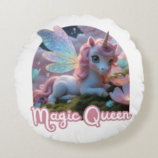 Weißes Einhorn mit Flügeln - Magic Queen ラウンドクッション