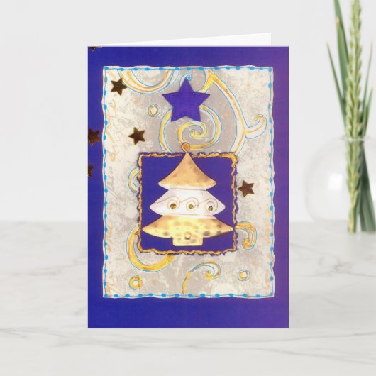 WEISSGOLDENER WEIHNACHTSBAUM auf Blau mit Sternen シーズンカード (正面)