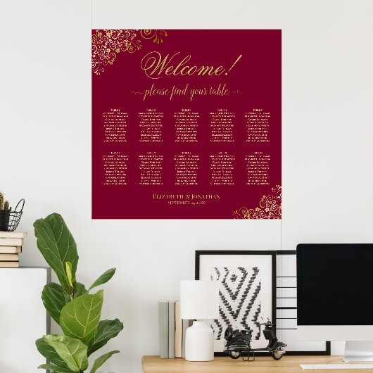 Welcome! 10 Table Gold on Burgundy Seating Chart ポスター (ホームオフィス)