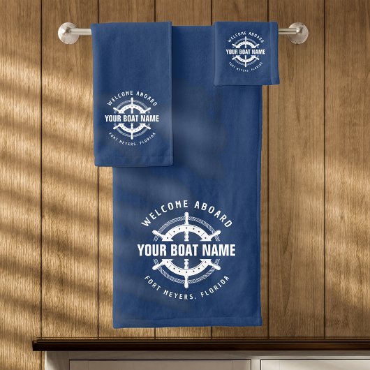 Welcome Aboard 航海の Boat Name Navy Blue バスタオルセット