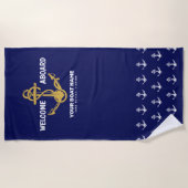 Welcome Aboard 航海の Navy Blue & Boat Name ビーチタオル (正面)