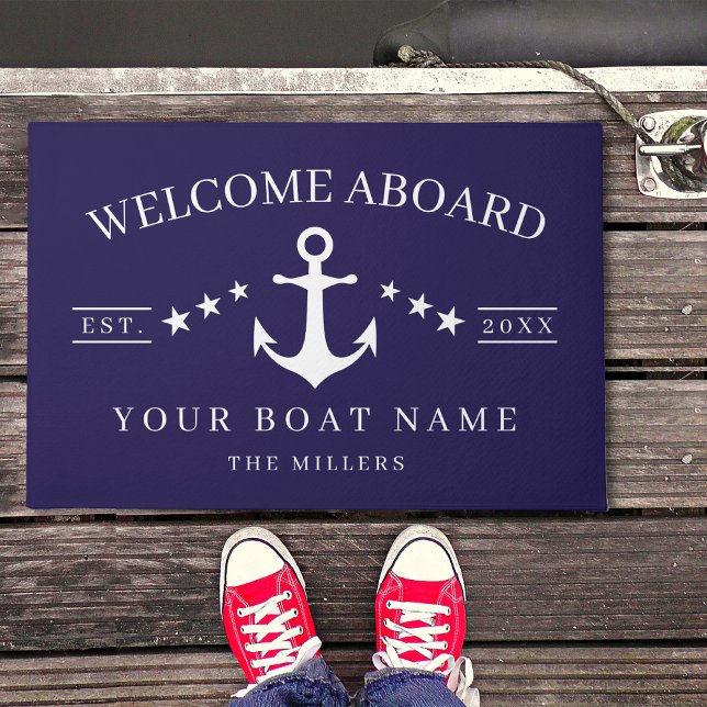 Welcome Aboard Anchor Boat Name Nautical ドアマット (Anchor Custom Boat Name Welcome  Aboard  Nautical Doormat)