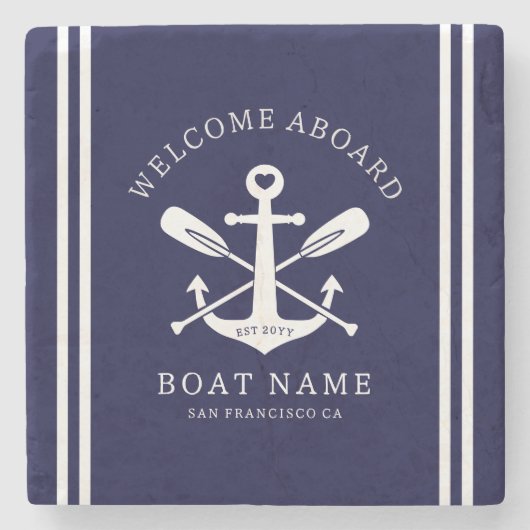 Welcome Aboard Boat Name Nautical Anchor | Blue ストーンコースター (正面)