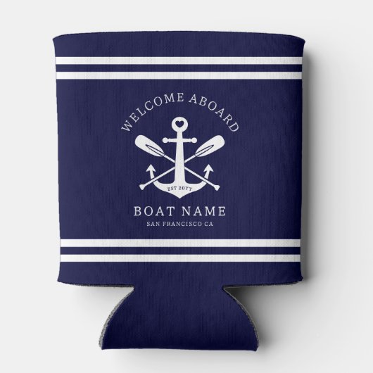 Welcome Aboard Boat Name Nautical Anchor | Blue 缶クーラー (裏面)