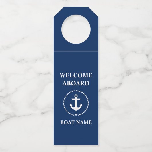 Welcome Aboard Boat Name Navy Blue ボトルネックタグ (正面)