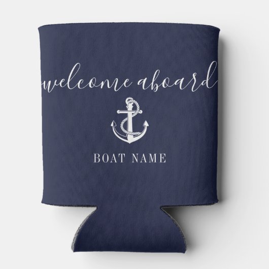 Welcome Aboard Boat Name Navy Blue 缶クーラー (裏面)