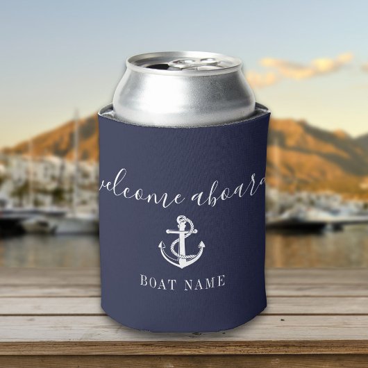 Welcome Aboard Boat Name Navy Blue 缶クーラー